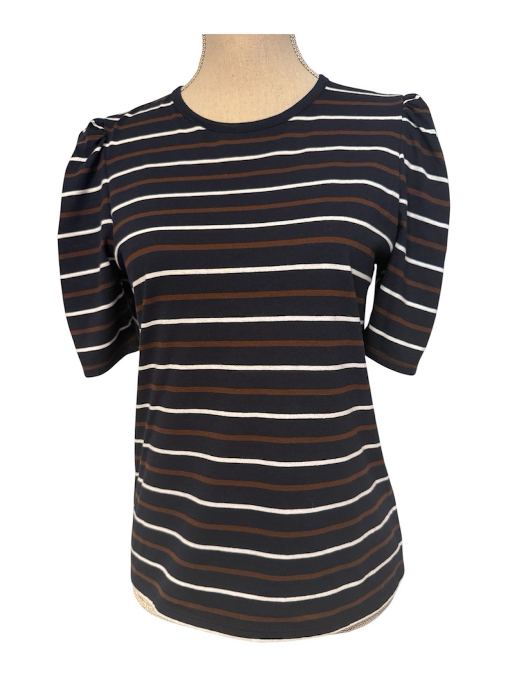 REBECCA TAYLOR TOP TEE SHORT SLEEVE NAVY BLUE WHITE BROWN STRIPE SIZE S